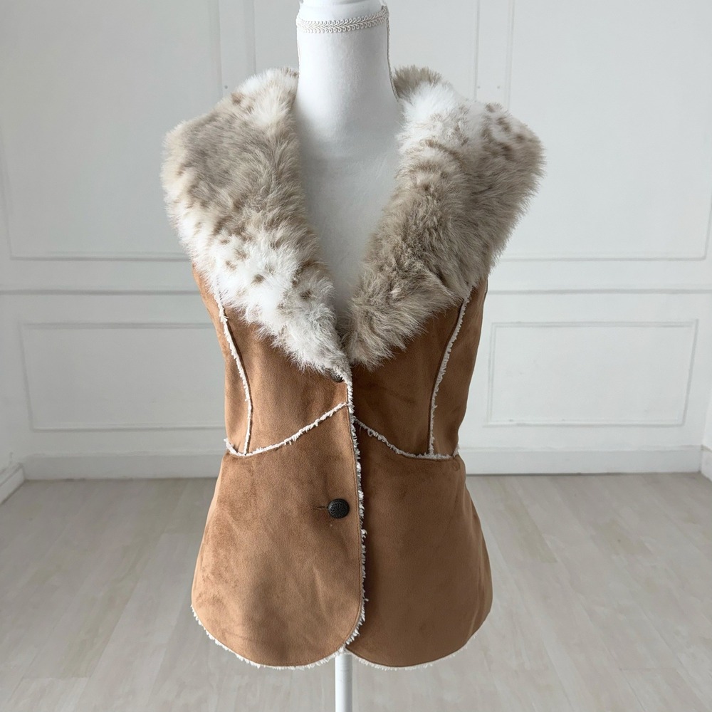 Montanaco Faux Suede Vest Women XS Brown Faux Fur Collar Western Boho Cabin